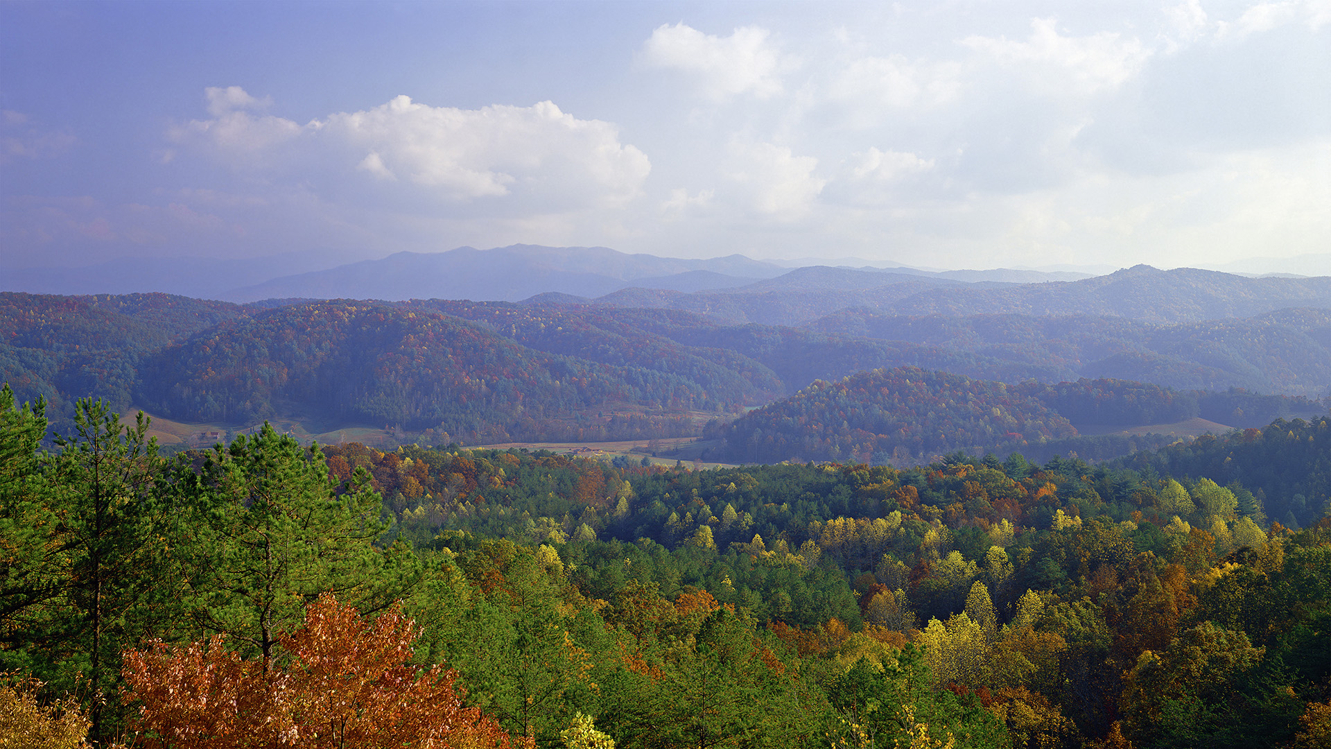 hazy "smoky" view of the autumn panorama of the Smokies from Foothills Parkway, near Maryville, Tennessee